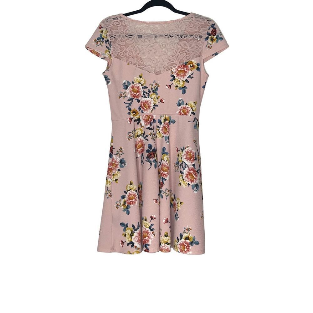 THREE PINK HEARTS | LACE BACK SKATER MINI‎ DRESS PINK FLORAL L - Picture 6 of 9